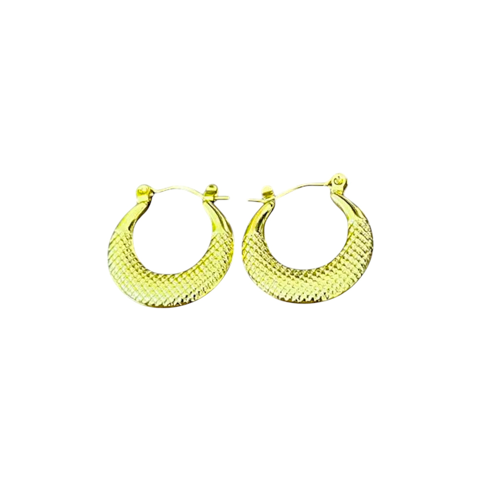 Textured Crescent Hoop Earrings displayed on a White Background.