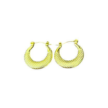 Textured Crescent Hoop Earrings displayed on a White Background.
