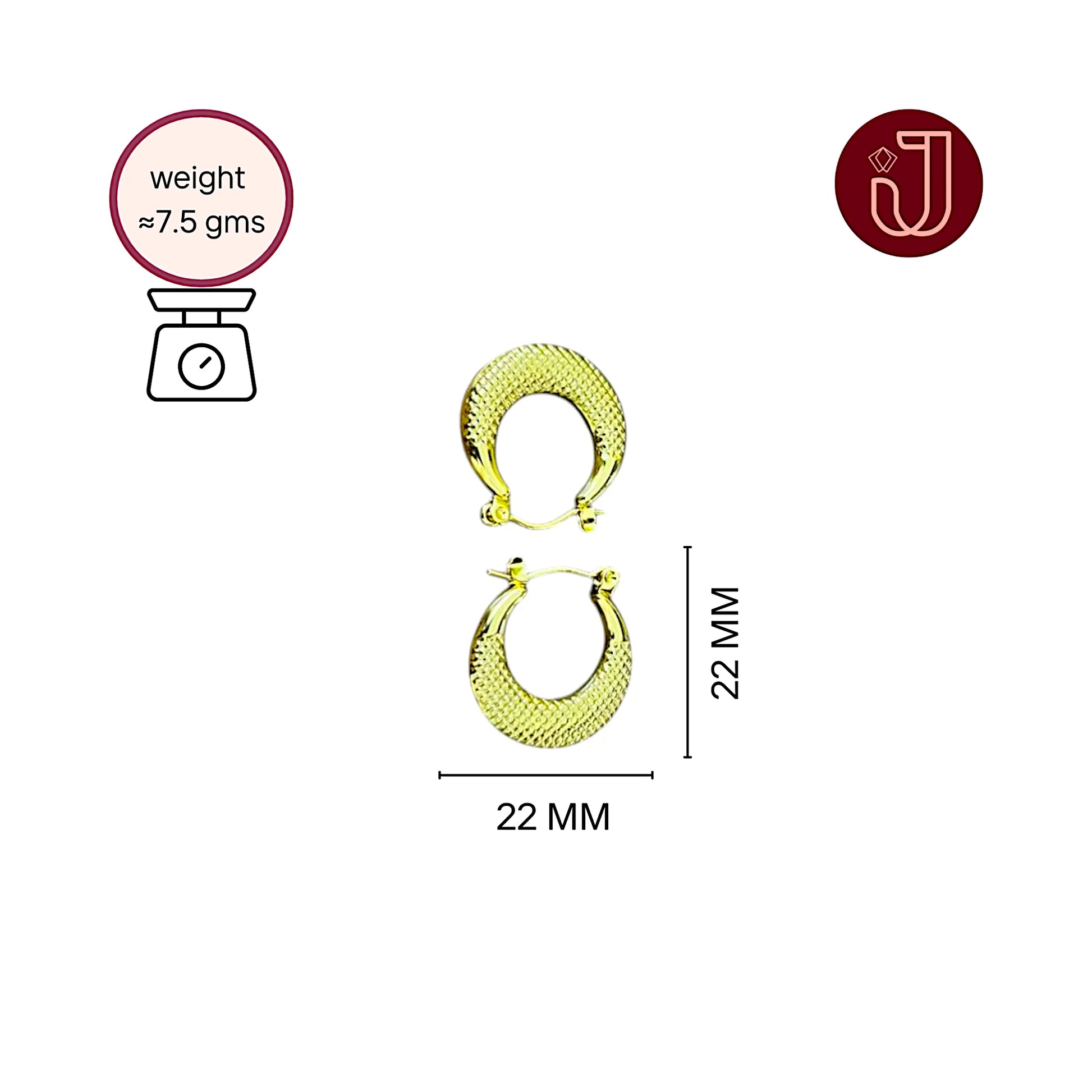 Textured Crescent Hoop Earrings with dimensions and weight details.