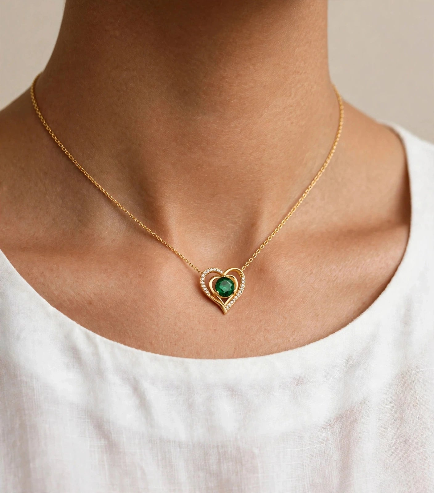 Verdant Glow | Emerald Hearts Gold Pendant Necklace