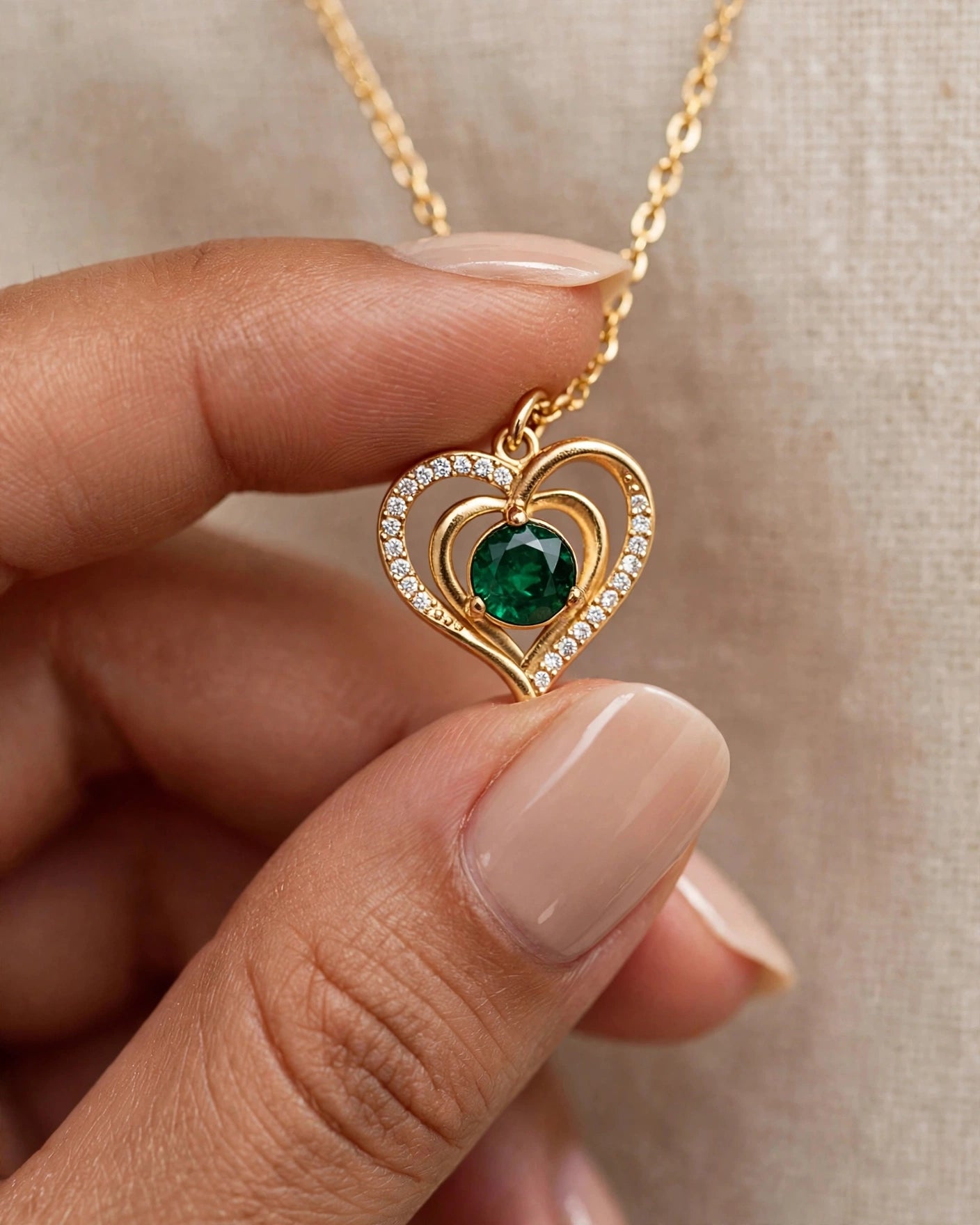 Verdant Glow | Emerald Hearts Gold Pendant Necklace