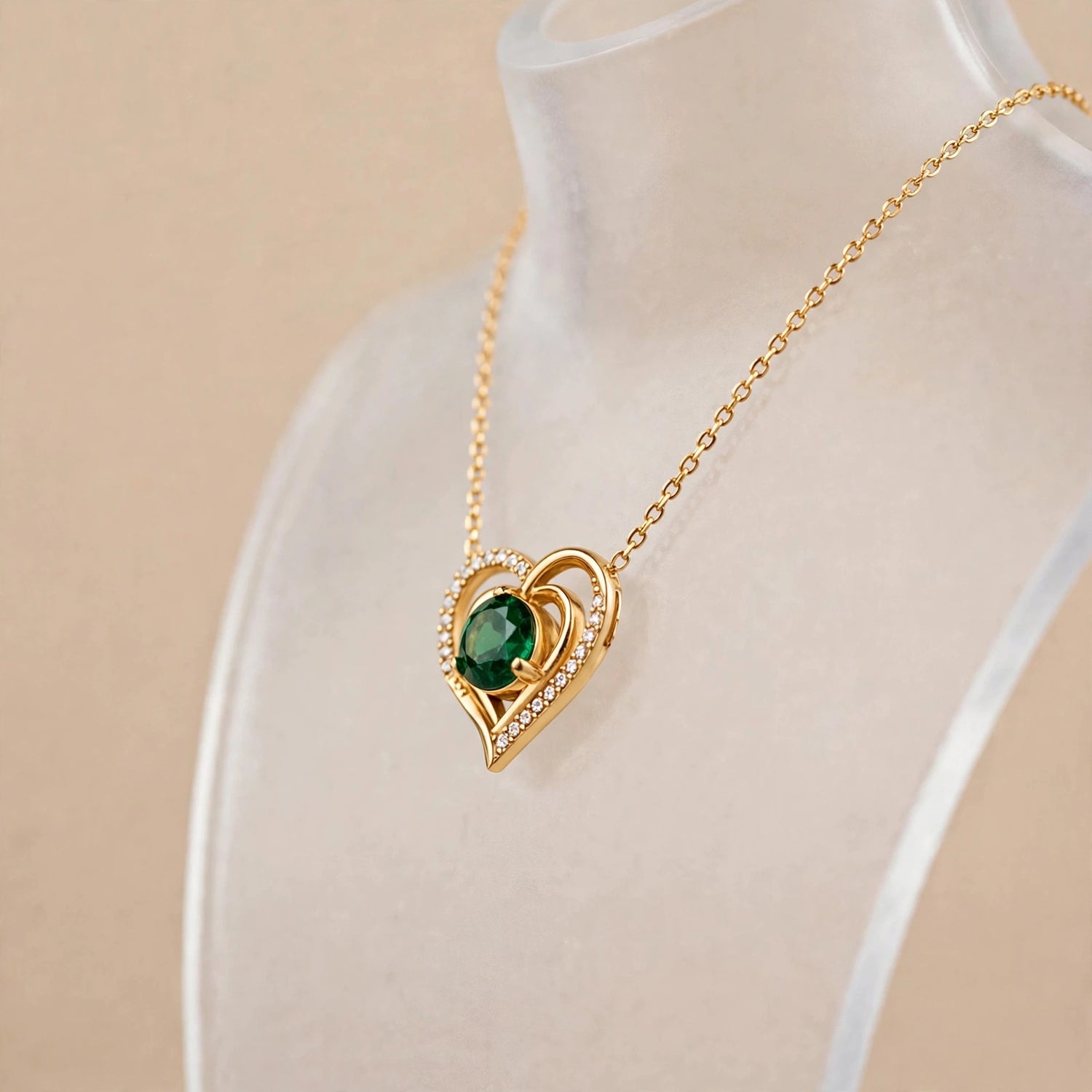 Verdant Glow | Emerald Hearts Gold Pendant Necklace