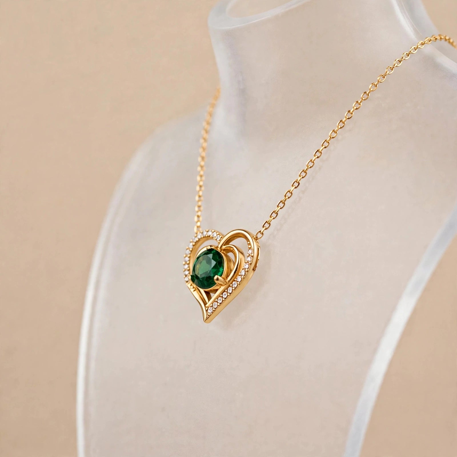 Verdant Glow | Emerald Hearts Gold Pendant Necklace