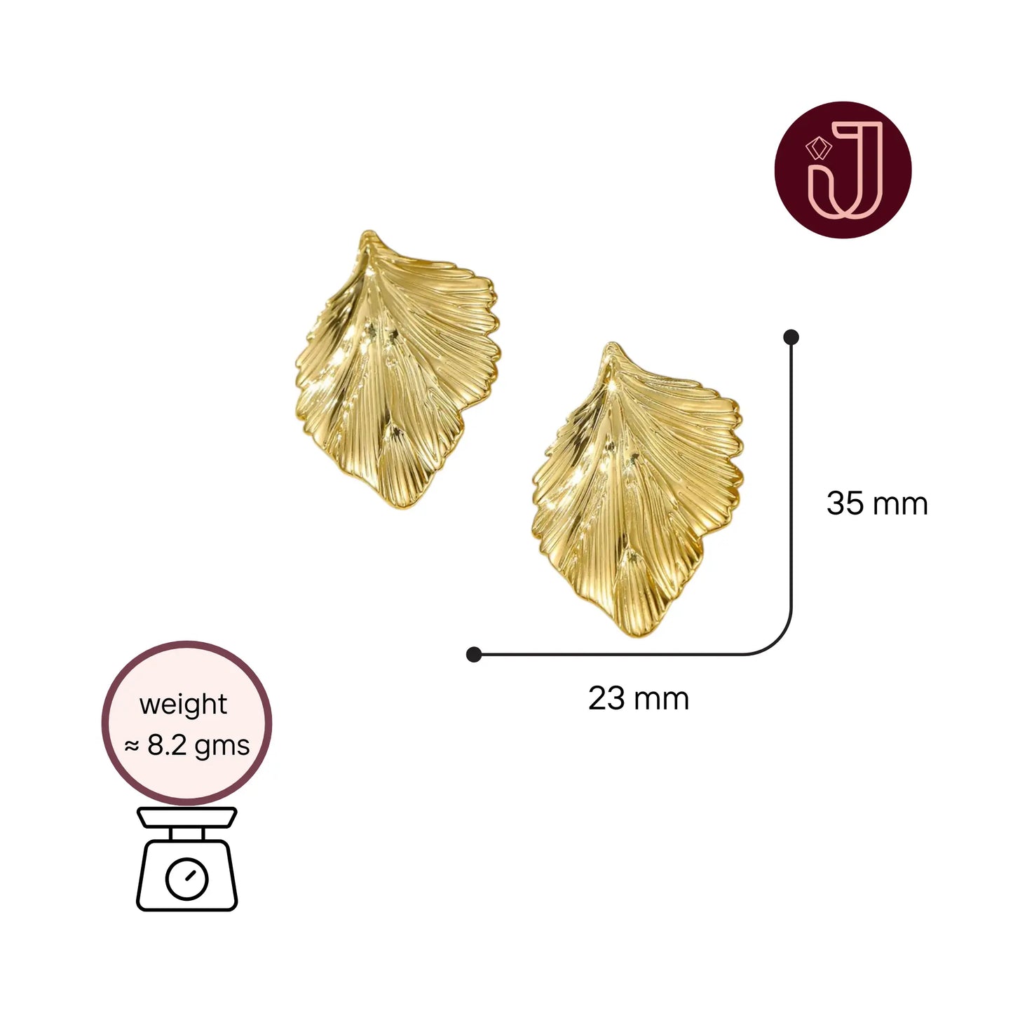Vintage Leaf Stud Earrings with dimensions and weight details.