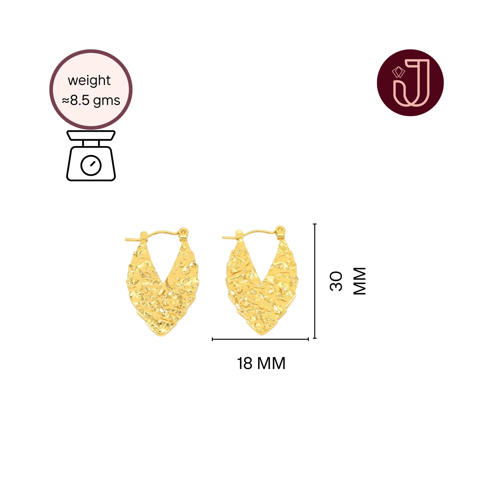 Wave-Patterned Hoop Earrings with dimensions and weight details.