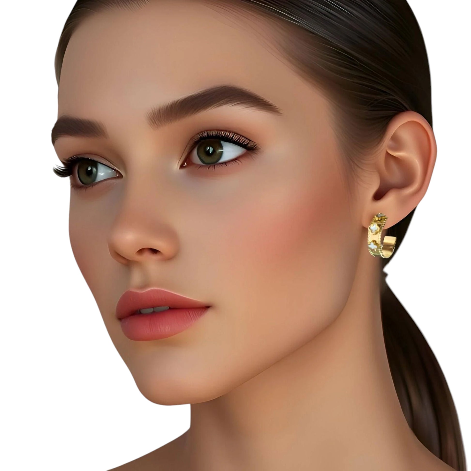 White Clover Hoop Earrings worn by a model.