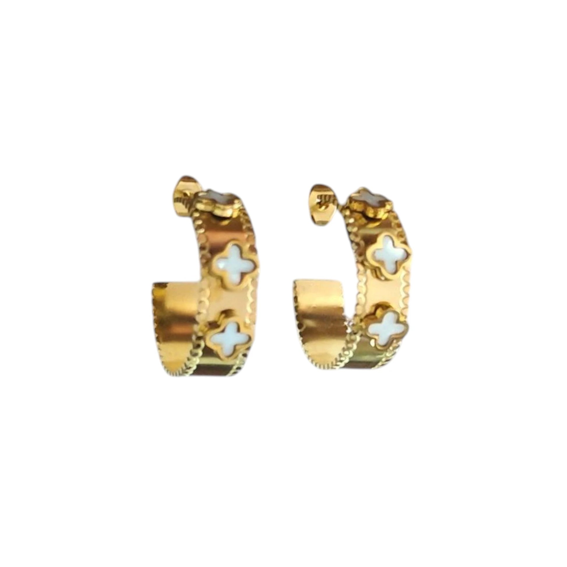 White Clover Hoop Earrings displayed on a White Background.