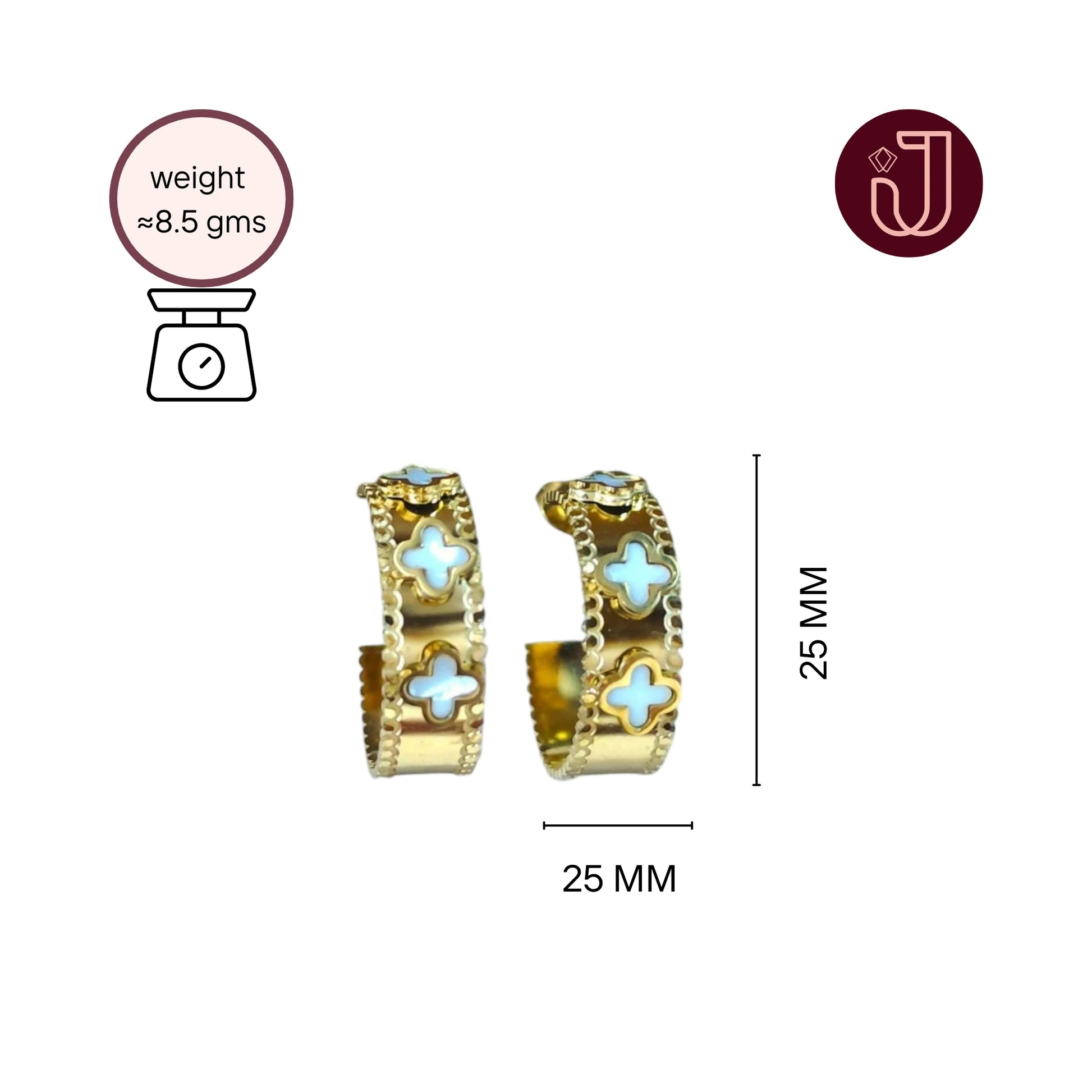 White Clover Hoop Earrings with dimensions and weight details.