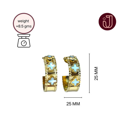 White Clover Hoop Earrings with dimensions and weight details.