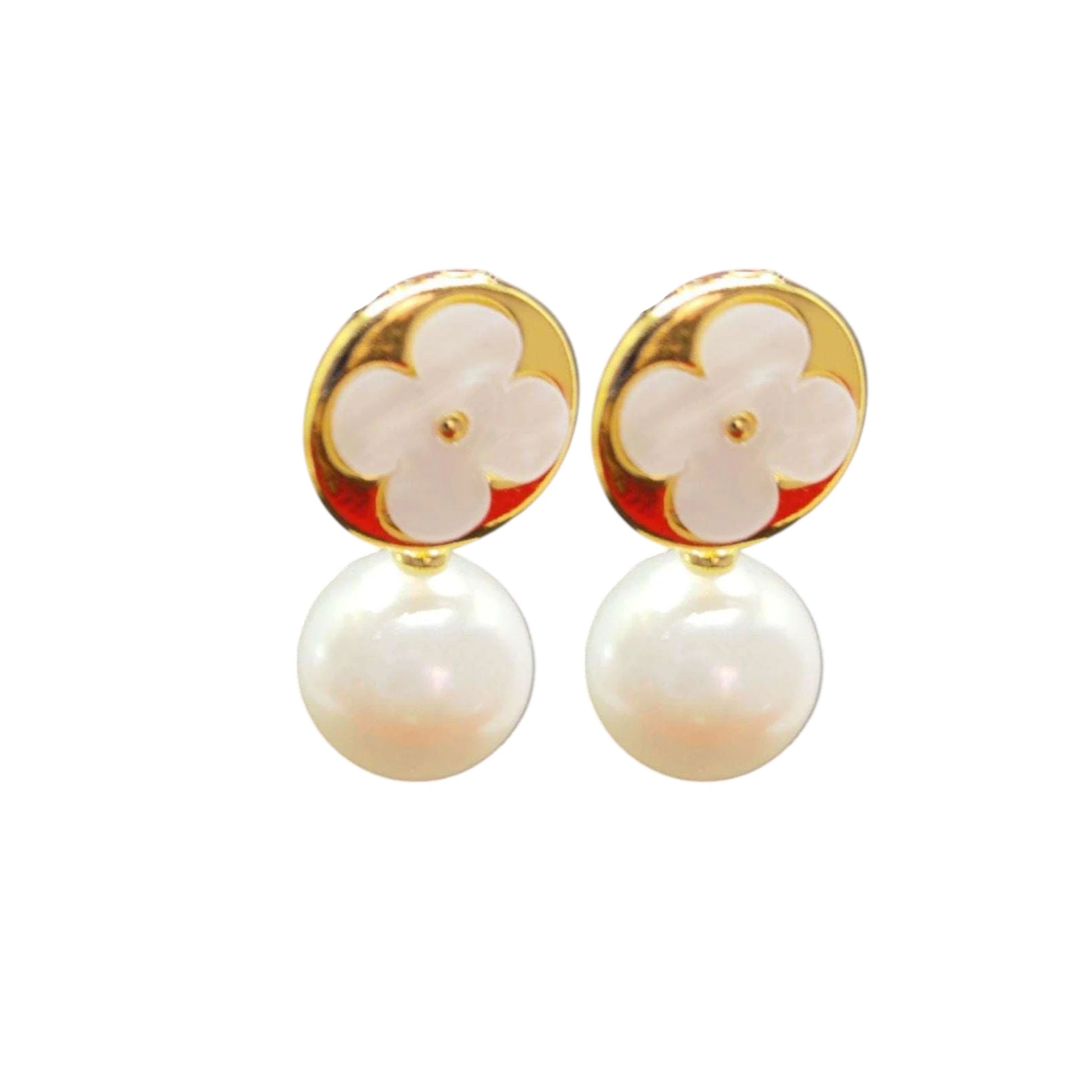 White Clover Pearl Drop Earrings displayed on a White Background.