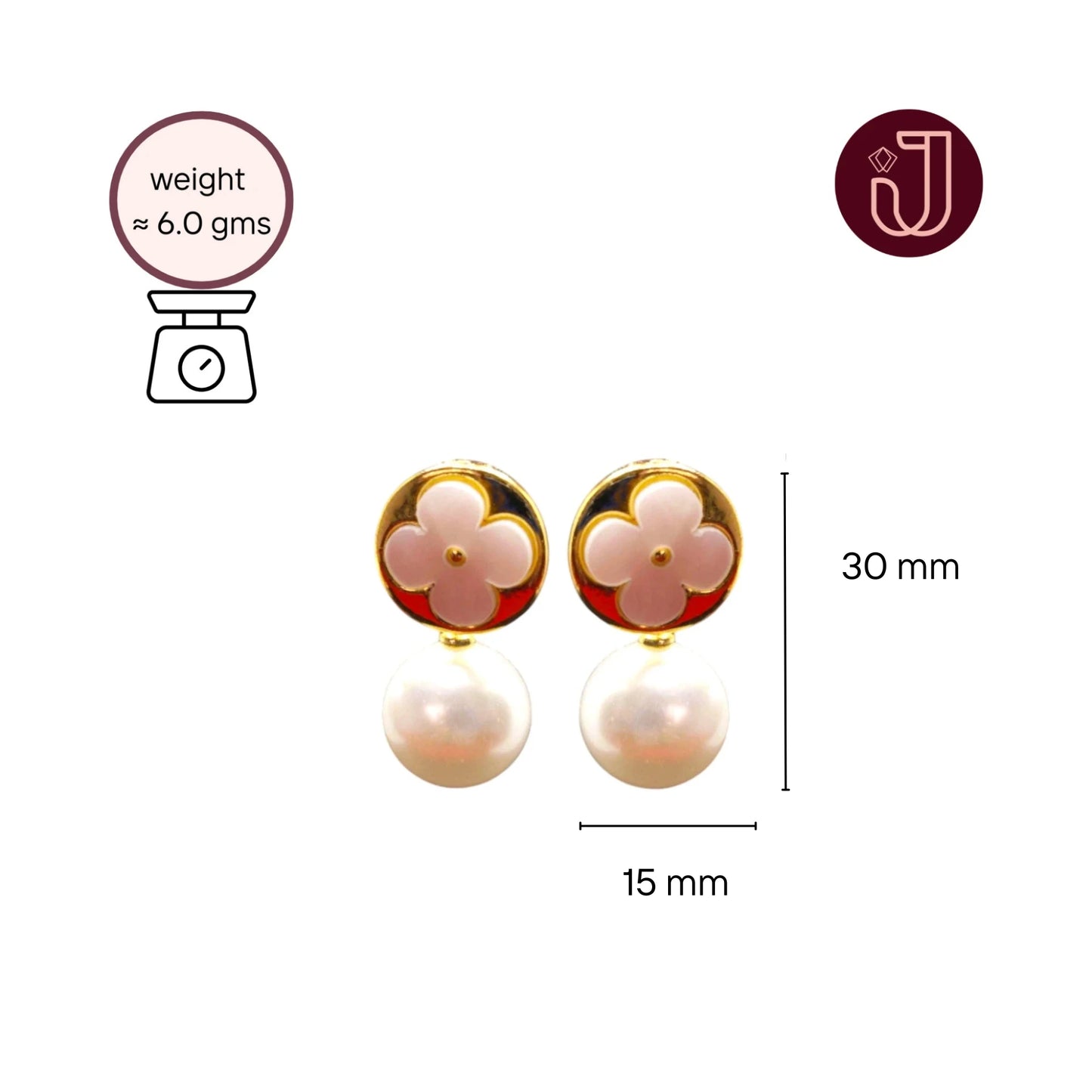 White Clover Pearl Drop Earrings with dimensions and weight details.