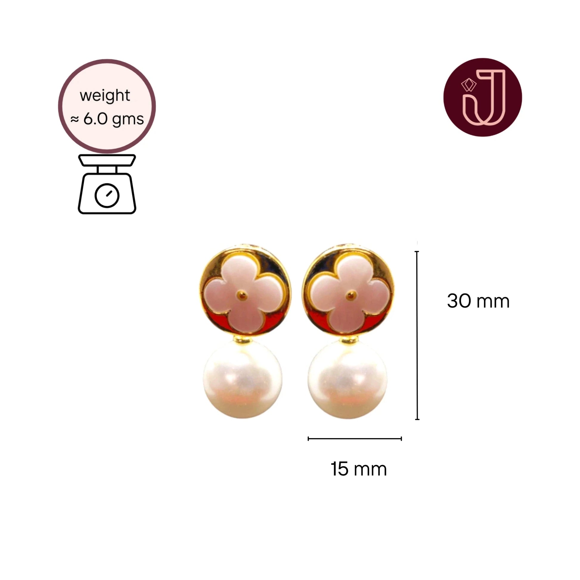 White Clover Pearl Drop Earrings with dimensions and weight details.