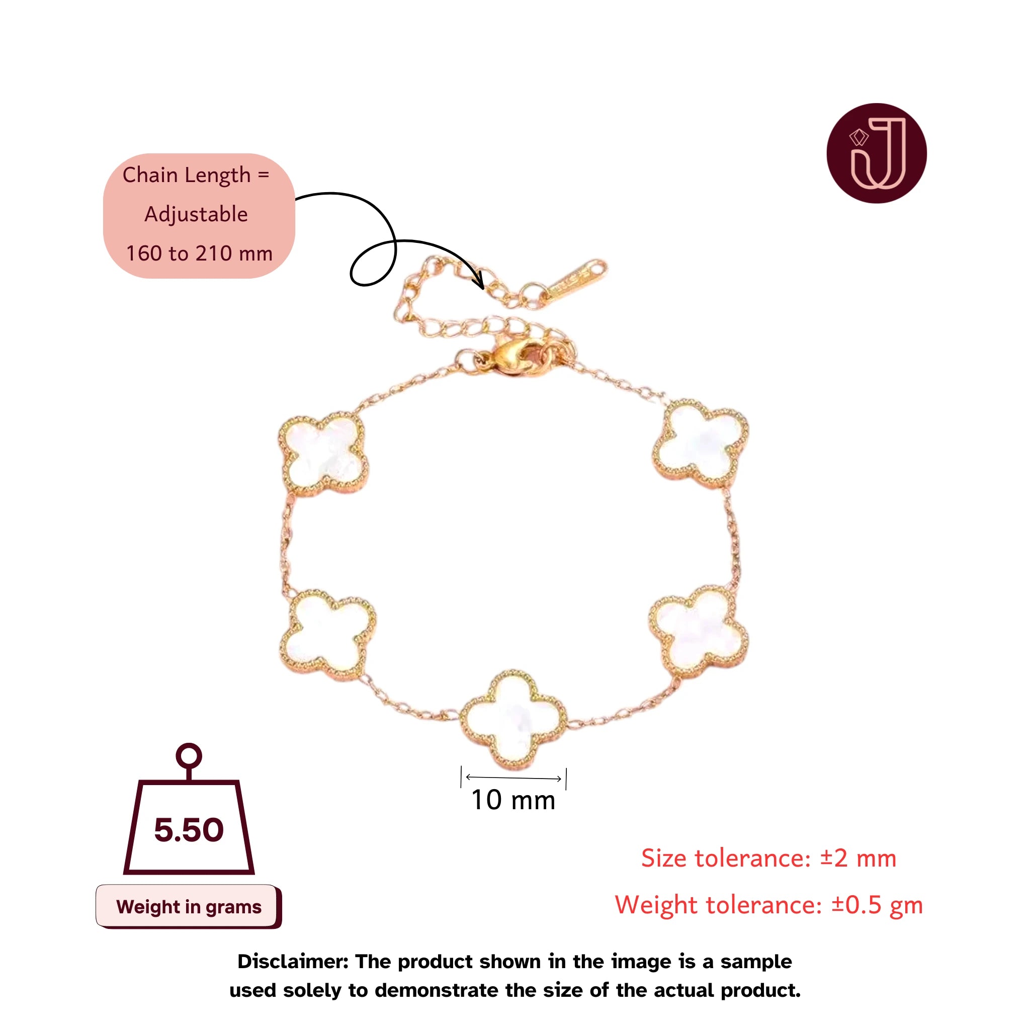 Bracelet with dimensions and weight details.