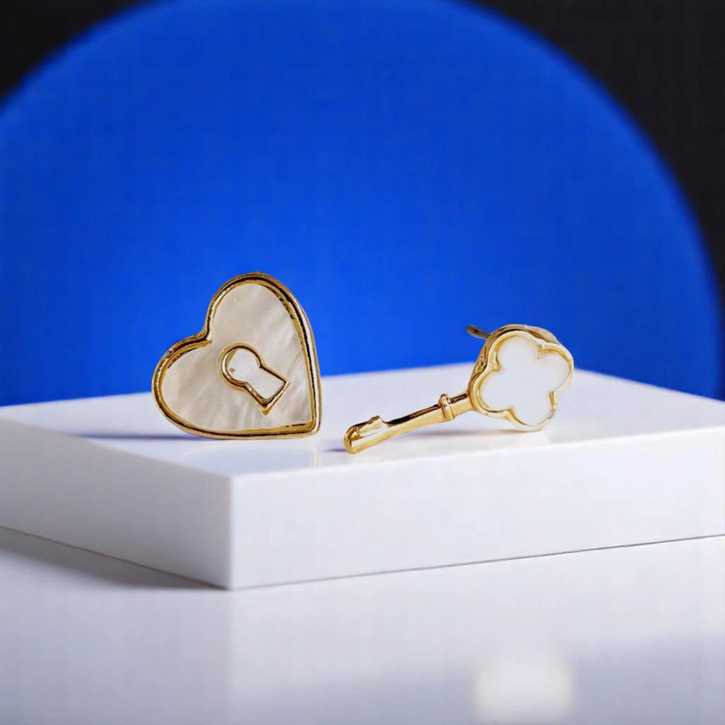 White Heart Lock and Key Studs