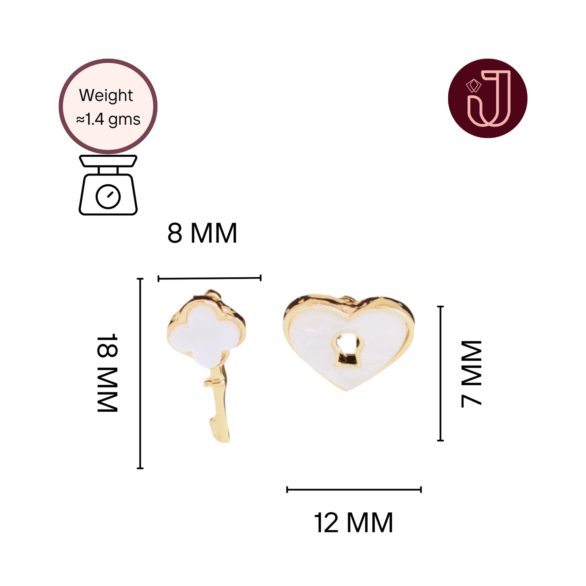 White Heart Lock and Key Studs with dimensions and weight details.