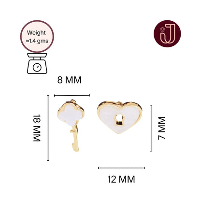 White Heart Lock and Key Studs with dimensions and weight details.