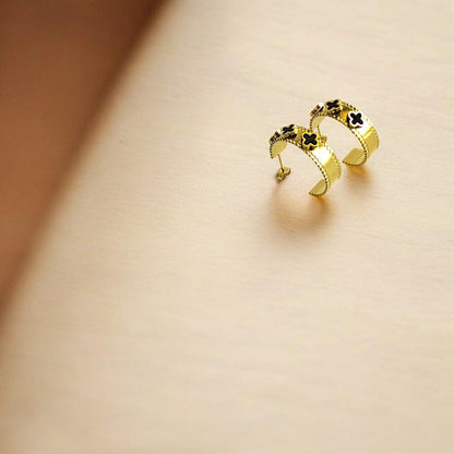 Black and Gold Clover Hoop Earrings - JESPARA