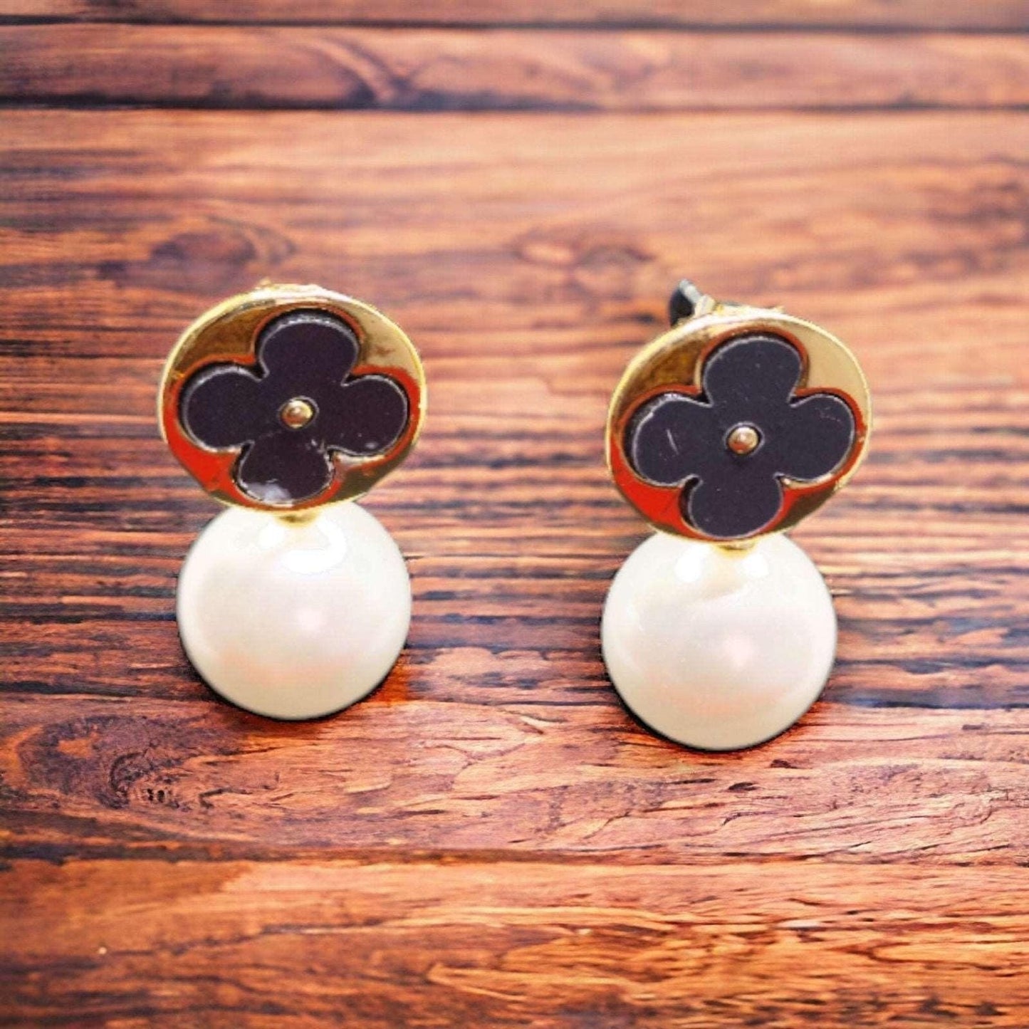 Black and Gold Flower Earrings with Pearl Drop - JESPARA