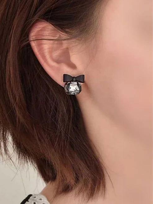 Black Gemstone Bow Stud Earrings - JESPARA