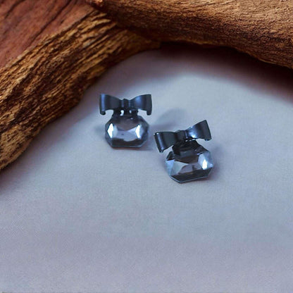 Black Gemstone Bow Stud Earrings - JESPARA