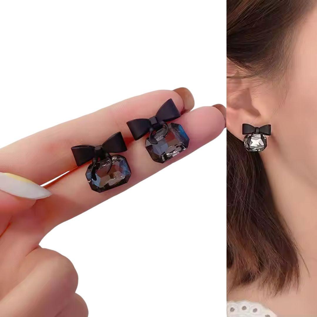 Black Gemstone Bow Stud Earrings - JESPARA