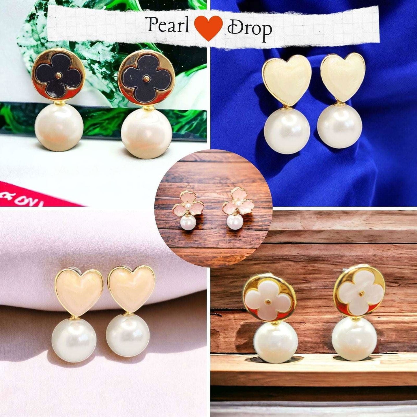 Bundle Offer - Pack of 5 Heart, Petal and Clover Pearl Drop Earrings - JESPARA