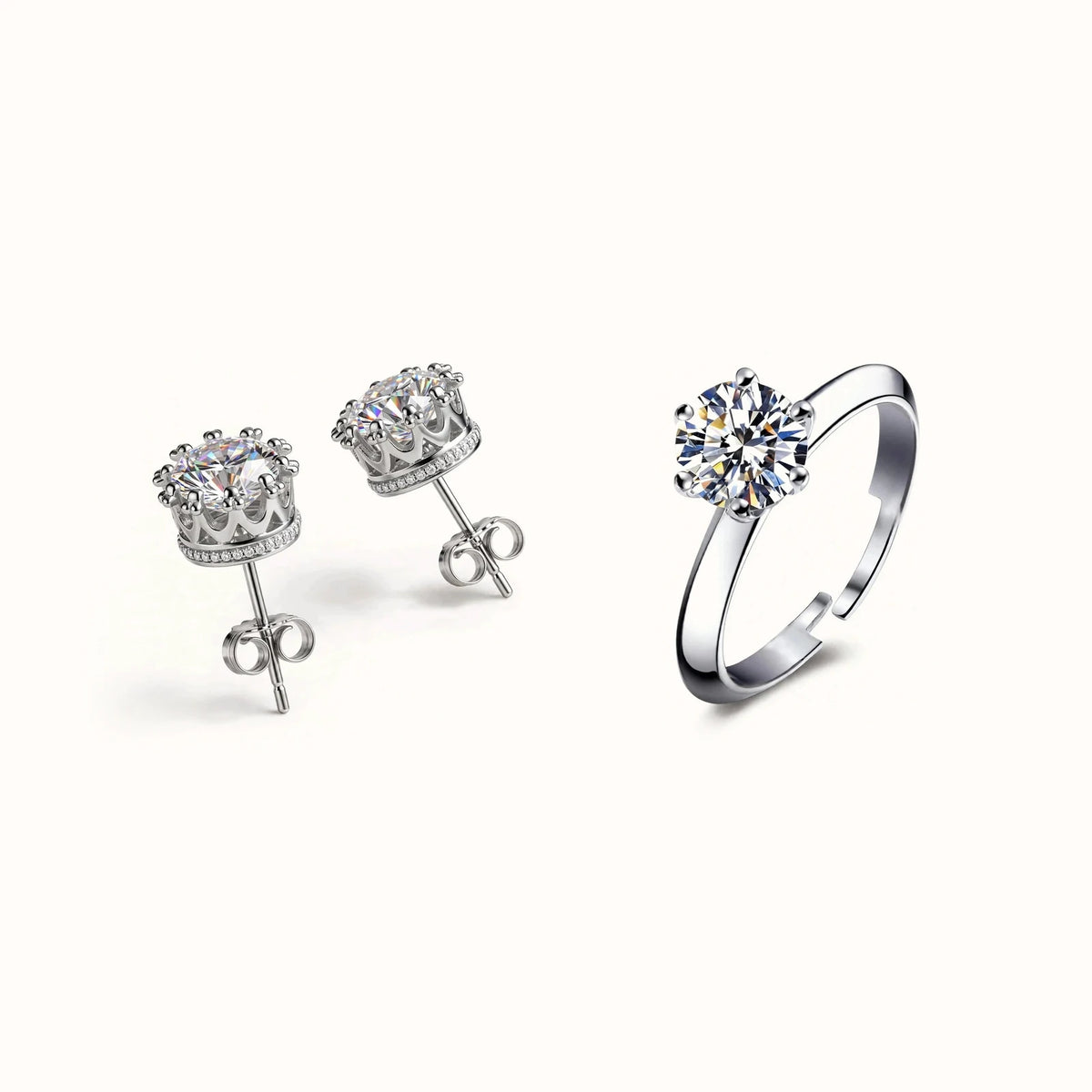Crystal Silver Set | Silver Stud Earrings & Solitaire Ring
