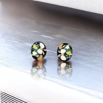 Floral Black Stud Earrings with Pink Butterfly Motifs - JESPARA