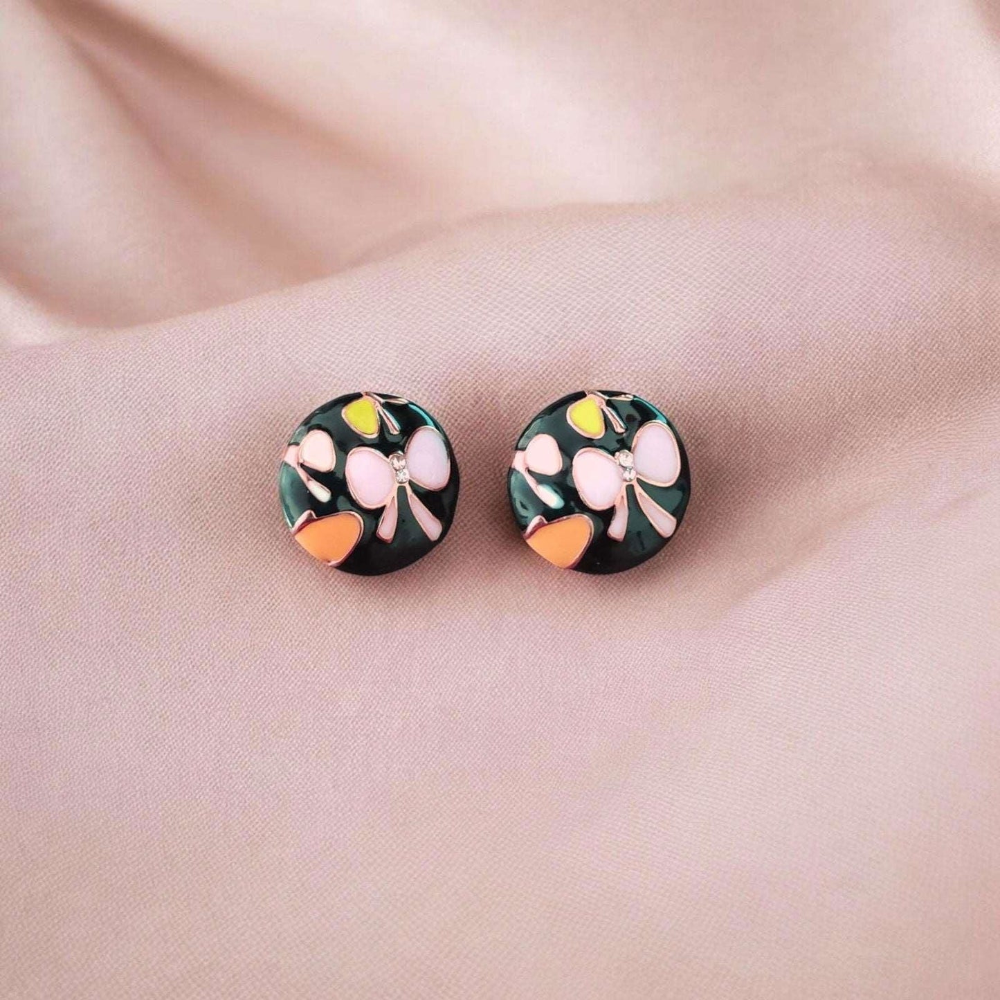 Floral Black Stud Earrings with Pink Butterfly Motifs - JESPARA