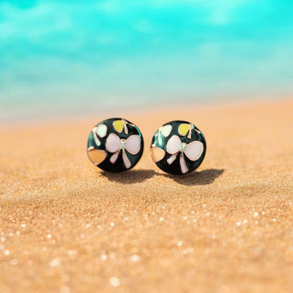 Floral Black Stud Earrings with Pink Butterfly Motifs - JESPARA