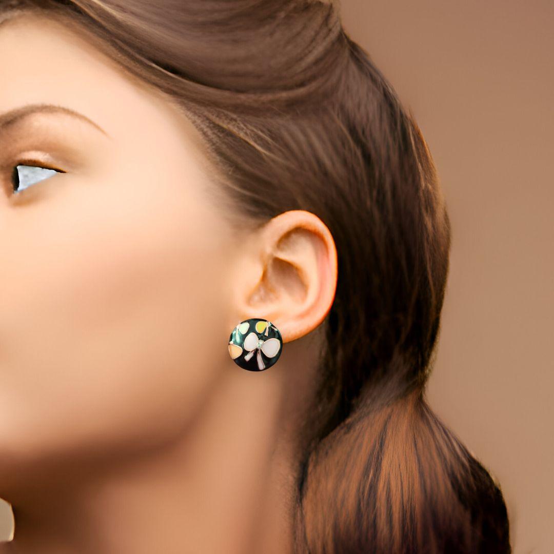 Floral Black Stud Earrings with Pink Butterfly Motifs - JESPARA