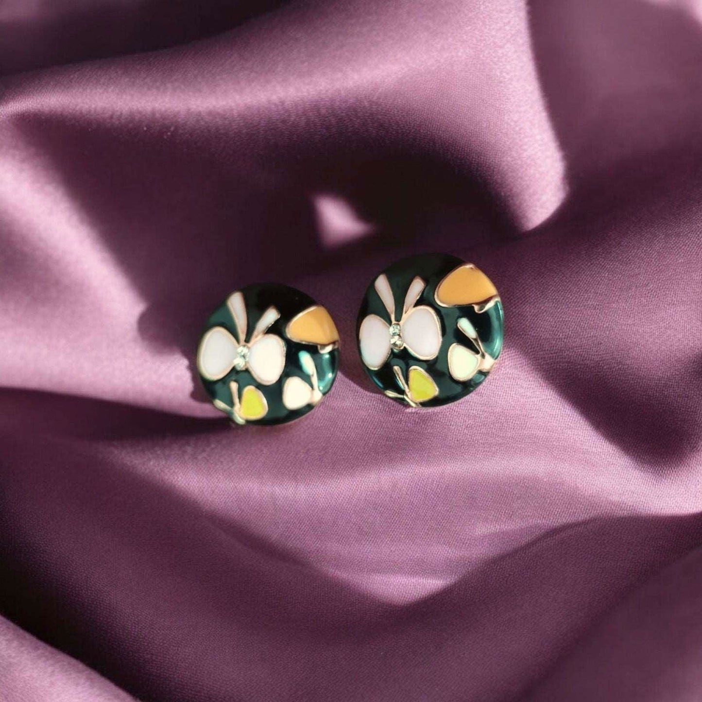 Floral Black Stud Earrings with Pink Butterfly Motifs - JESPARA