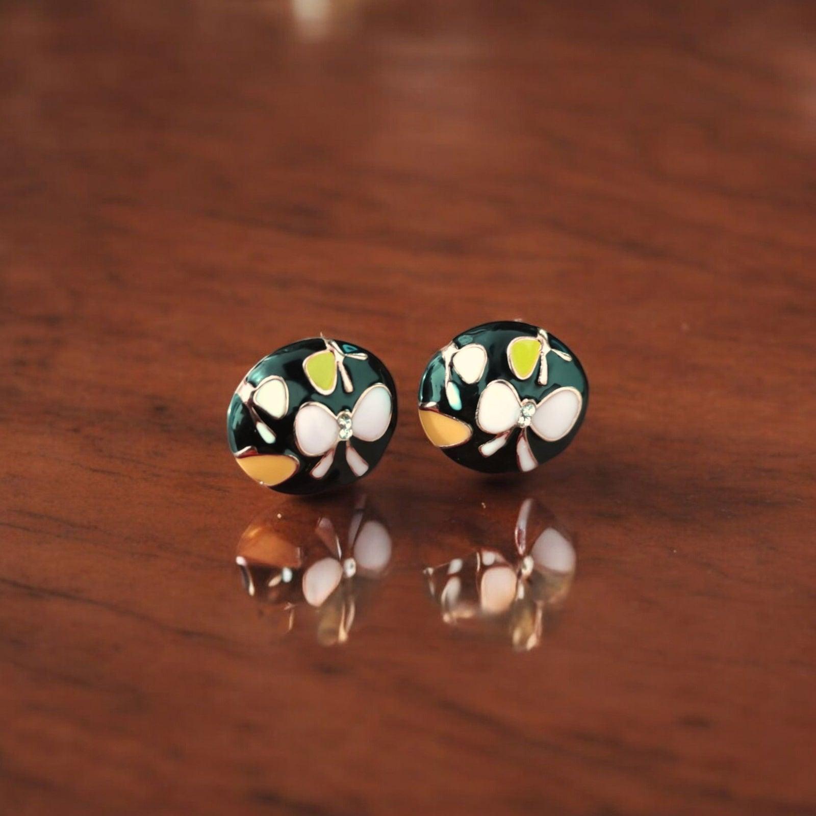 Floral Black Stud Earrings with Pink Butterfly Motifs - JESPARA