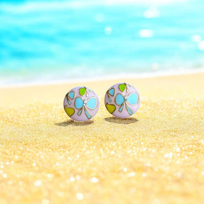 Floral Pink Stud Earrings with Blue Butterfly Motifs - JESPARA