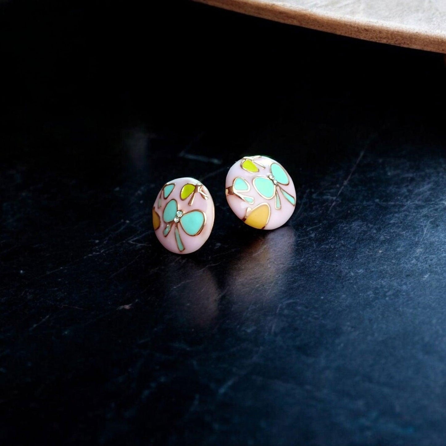 Floral Pink Stud Earrings with Blue Butterfly Motifs - JESPARA