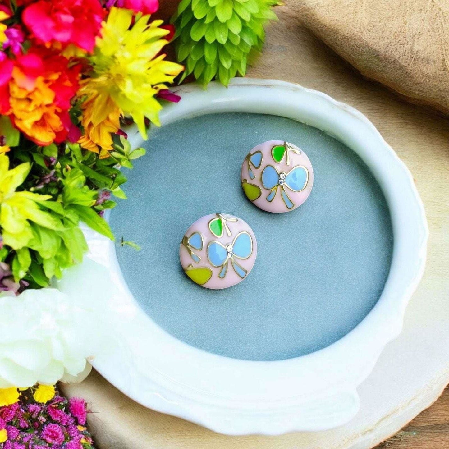 Floral Pink Stud Earrings with Blue Butterfly Motifs - JESPARA