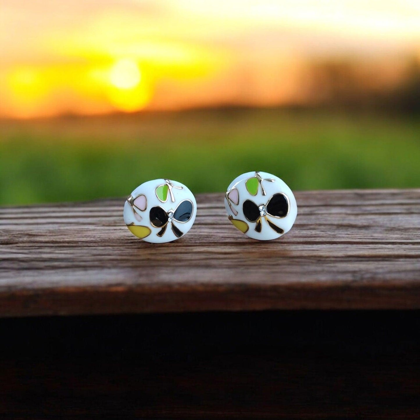 Floral White Stud Earrings with Black Butterfly Motifs - JESPARA