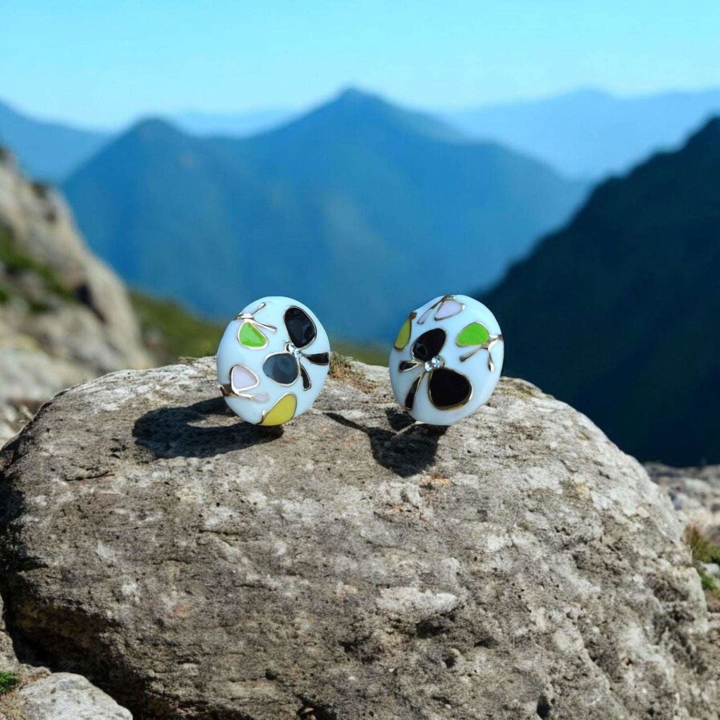 Floral White Stud Earrings with Black Butterfly Motifs - JESPARA