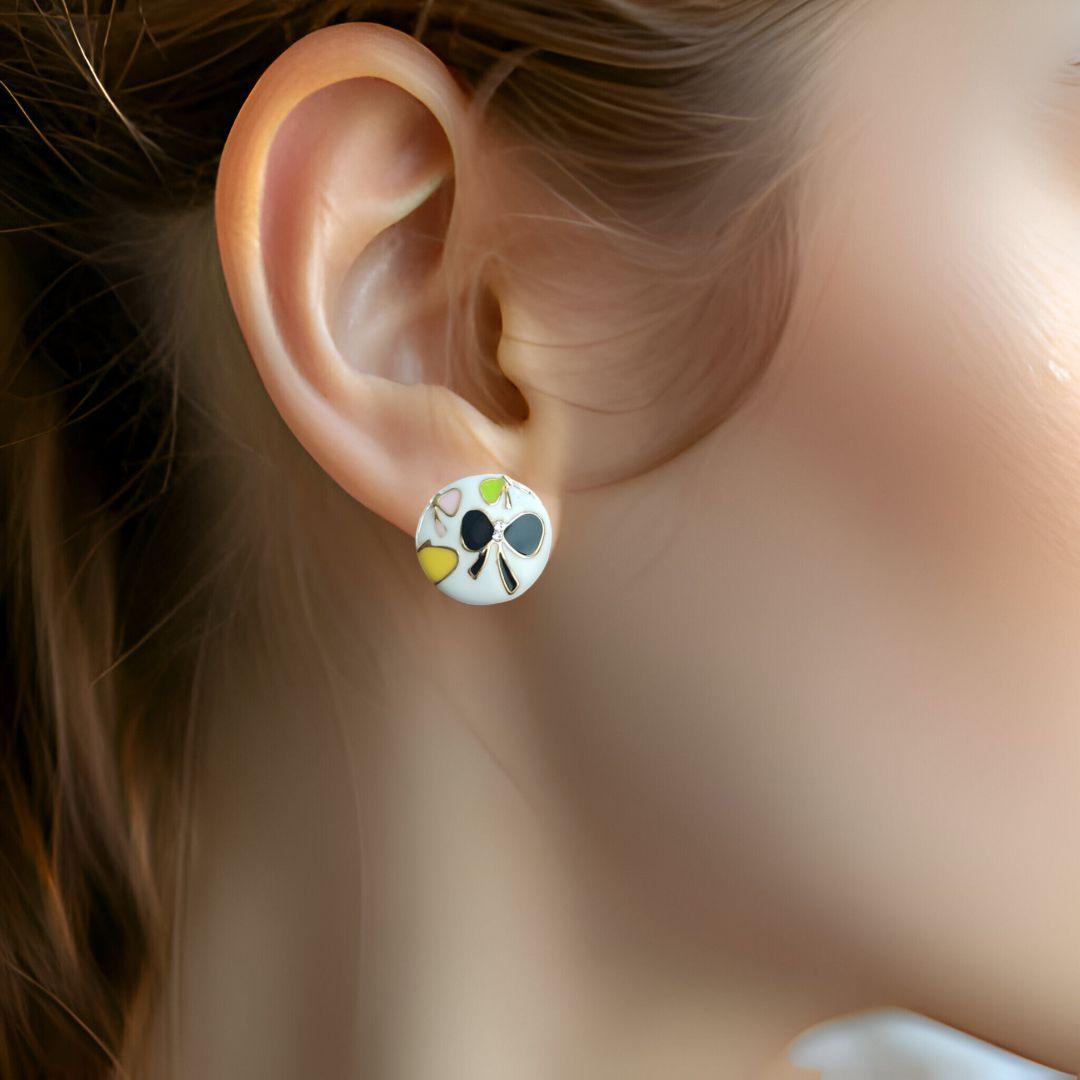 Floral White Stud Earrings with Black Butterfly Motifs - JESPARA