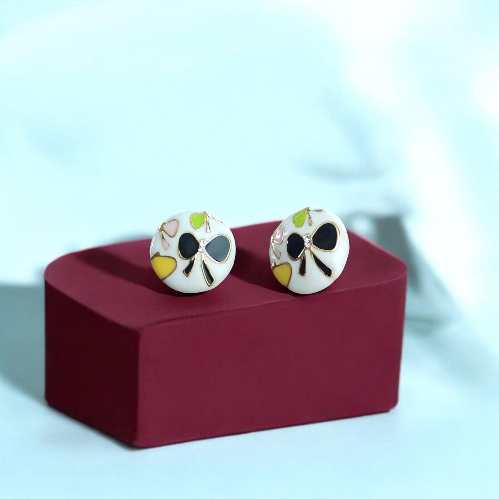 Floral White Stud Earrings with Black Butterfly Motifs - JESPARA