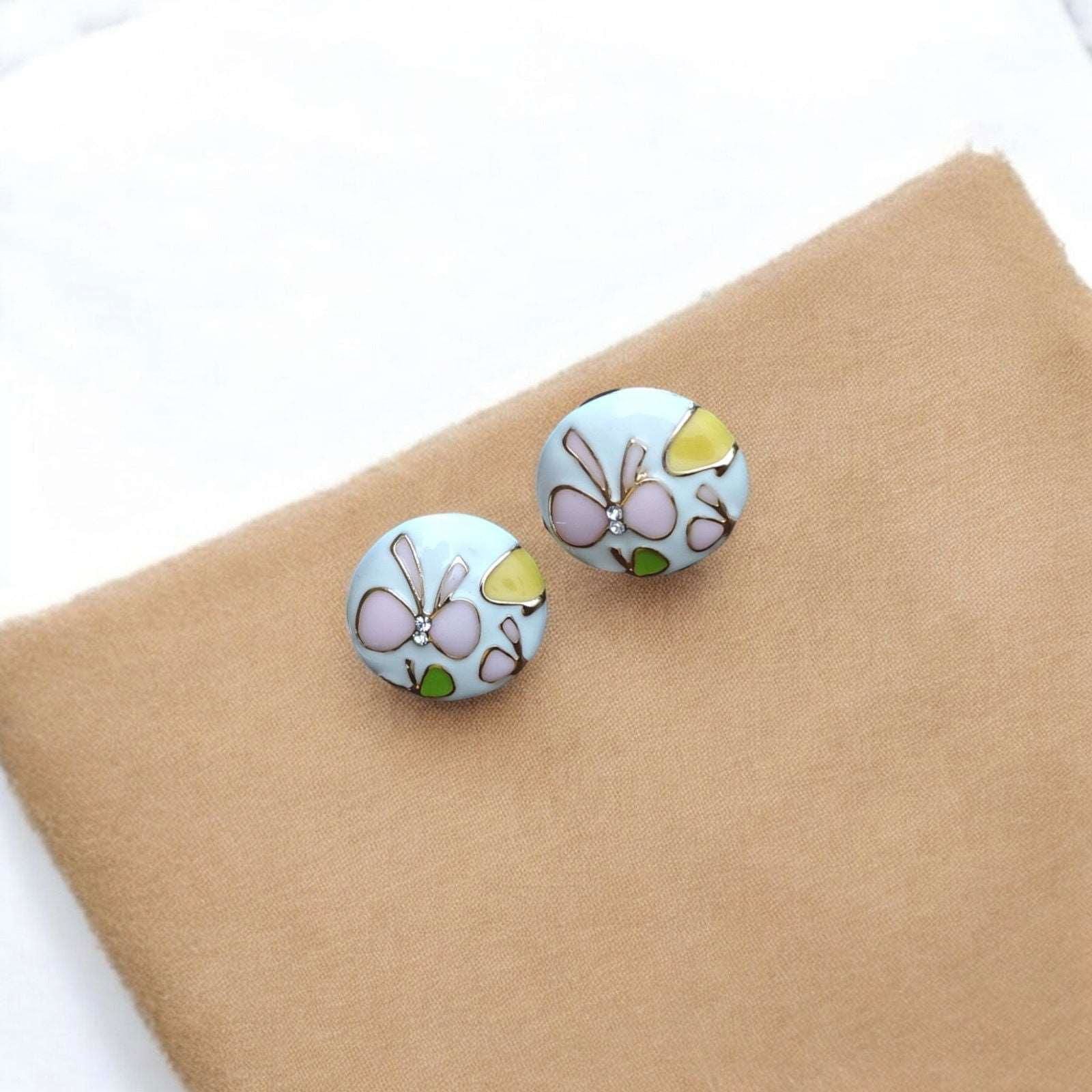 Floral White Stud Earrings with Pink Butterfly Motifs - JESPARA