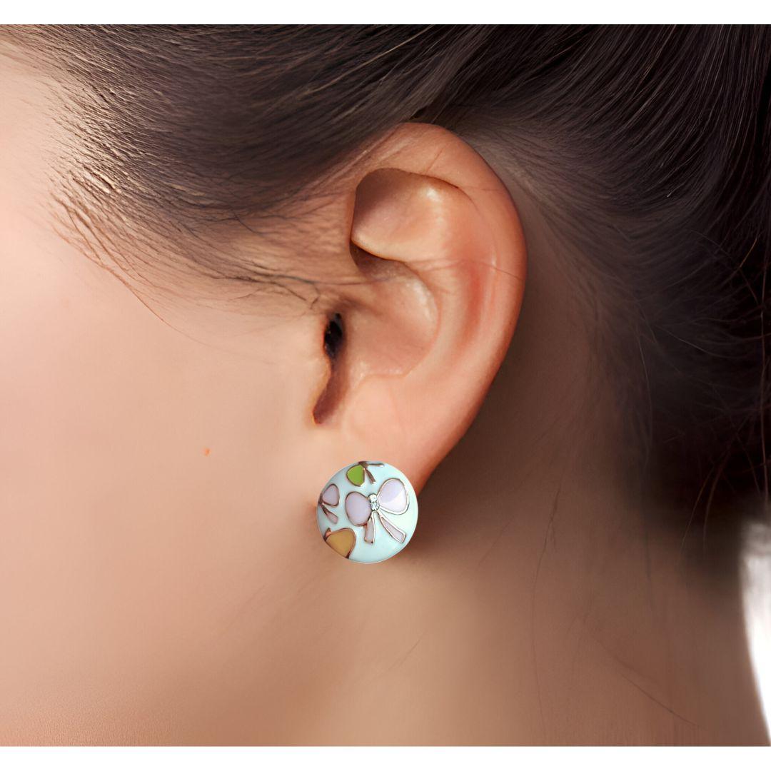 Floral White Stud Earrings with Pink Butterfly Motifs - JESPARA