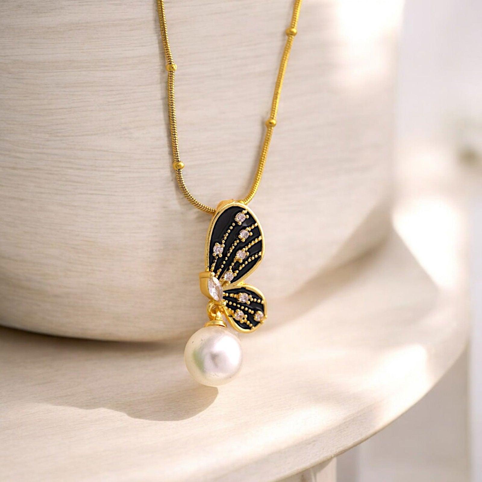 Gold Butterfly Pendant Necklace with Pearl Drop - JESPARA