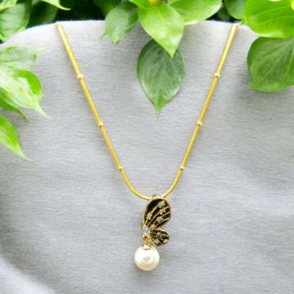 Gold Butterfly Pendant Necklace with Pearl Drop - JESPARA