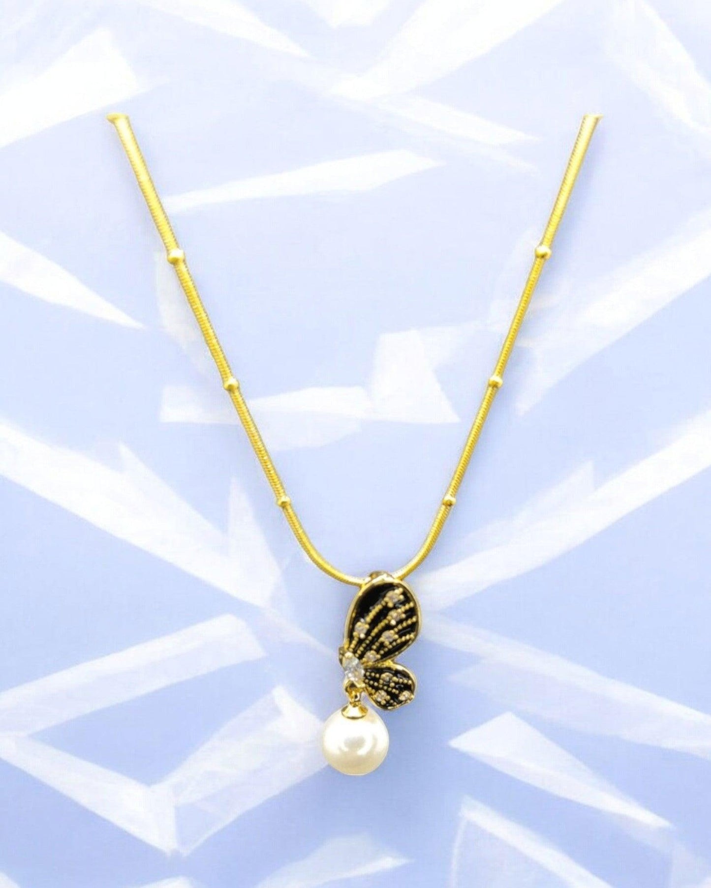 Gold Butterfly Pendant Necklace with Pearl Drop - JESPARA