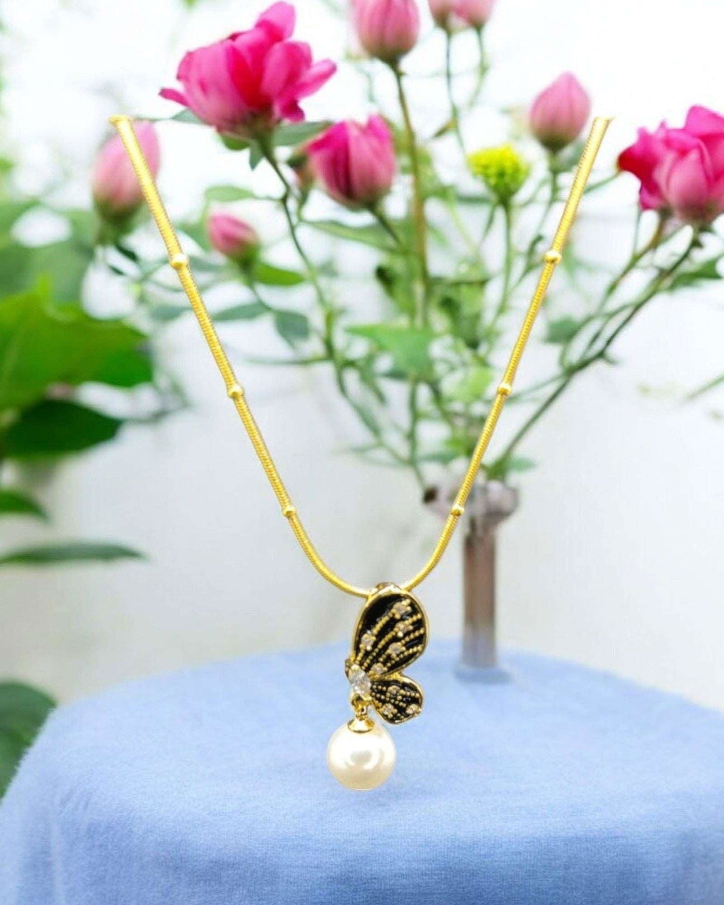 Gold Butterfly Pendant Necklace with Pearl Drop - JESPARA