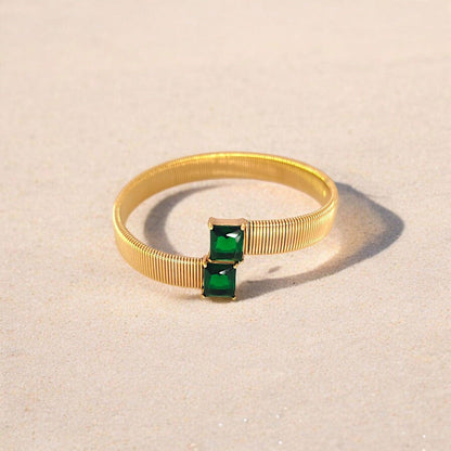 Gold Cuff Bracelet with Dual Emerald - Cut Green Stones - JESPARA