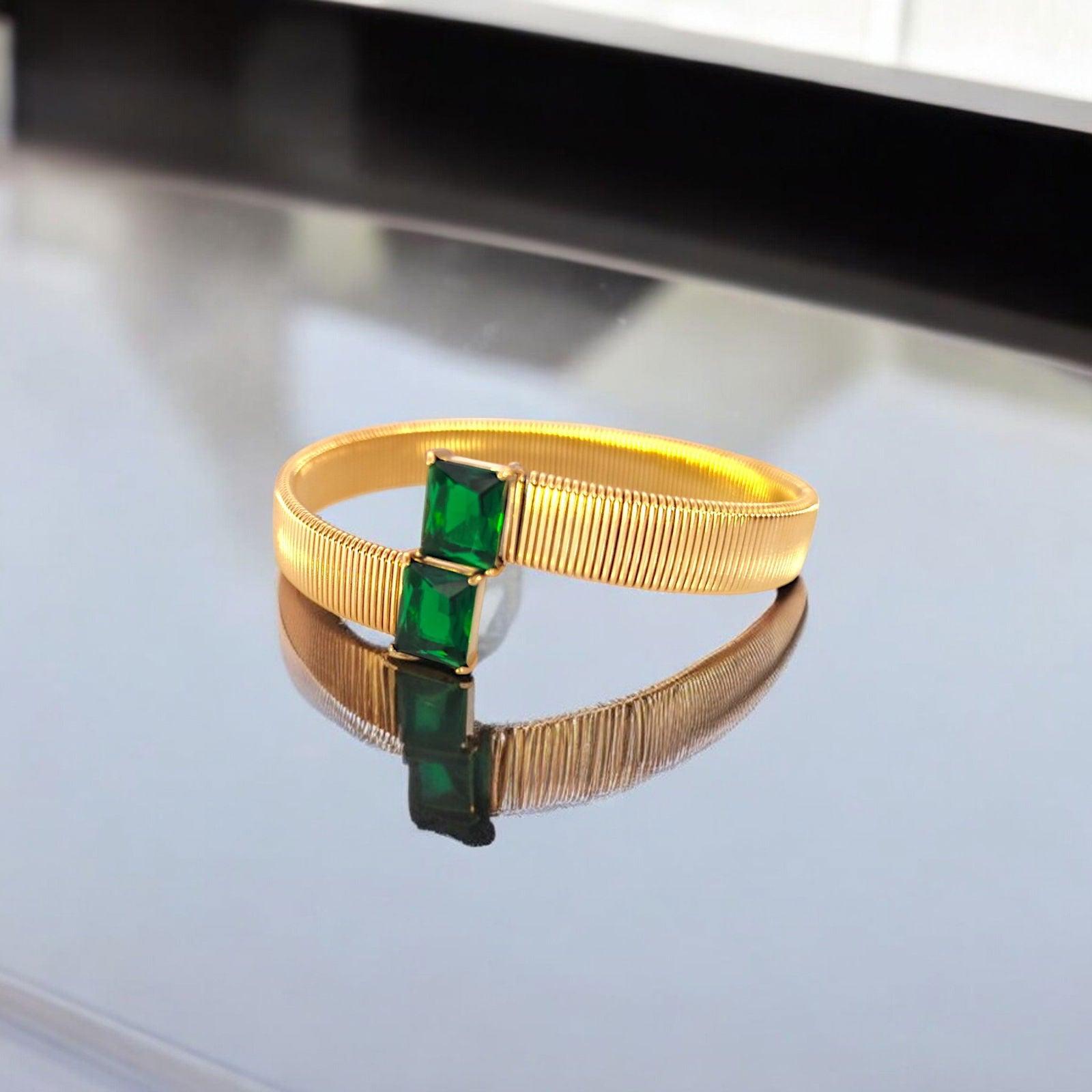 Gold Cuff Bracelet with Dual Emerald - Cut Green Stones - JESPARA