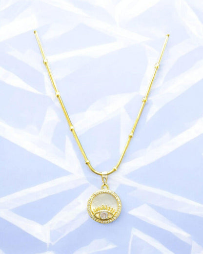 Gold Eye Pendant Necklace with Sunburst and Crystals - JESPARA