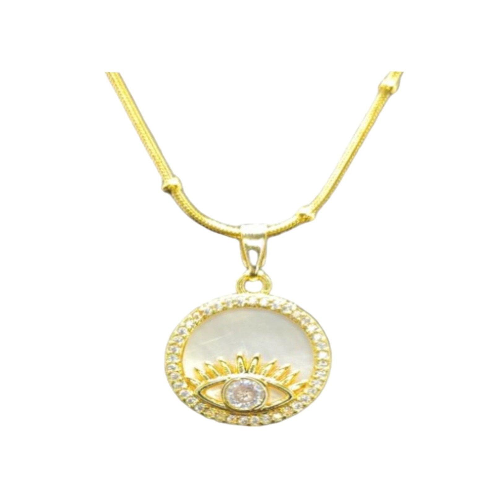 Gold Eye Pendant Necklace with Sunburst and Crystals - JESPARA